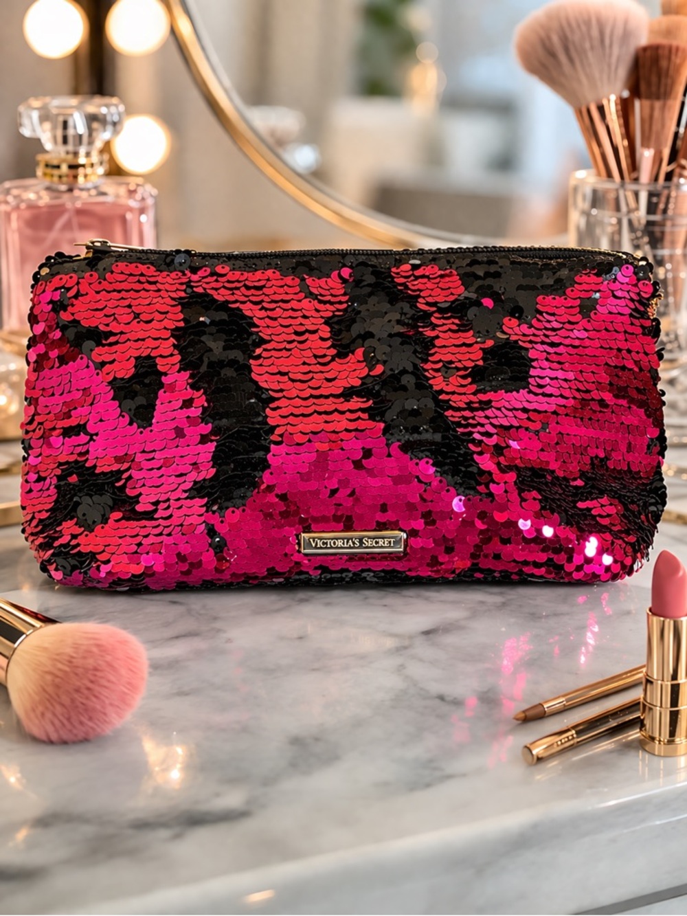 Victoria’s Secret Reversible Sequin Cosmetic Bag Pink Black Zip Pouch
